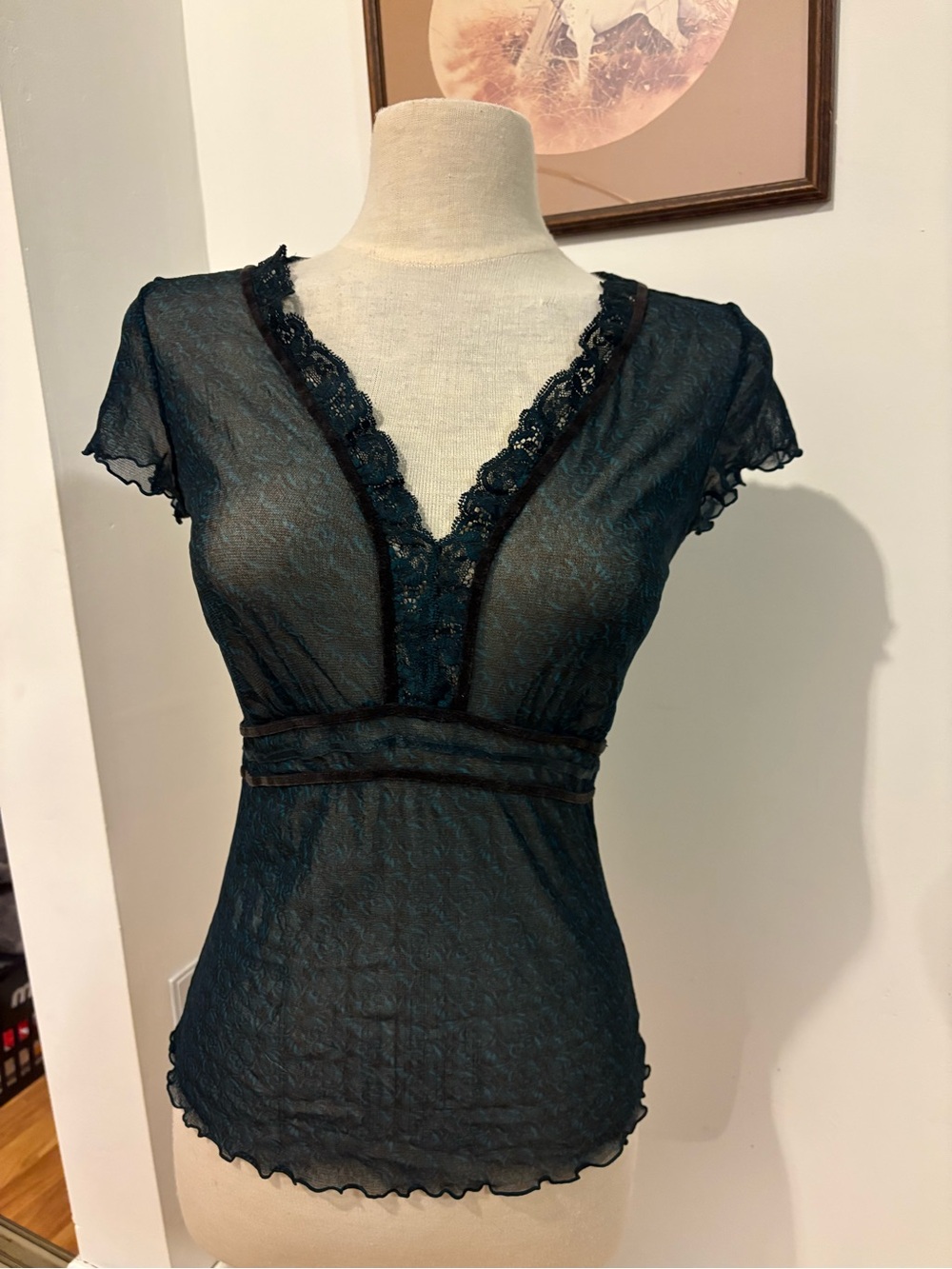 Mexx Sheer Lace V-Neck Chemise Top - Dark Teal